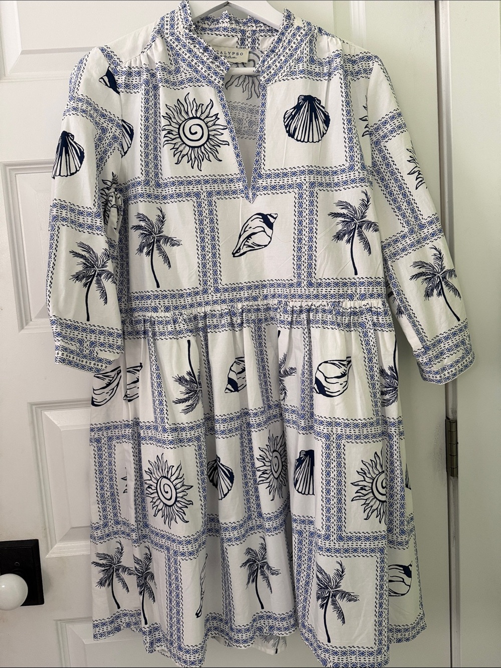 Calypso St. Barth White and Navy Sea Motif Popover Dress